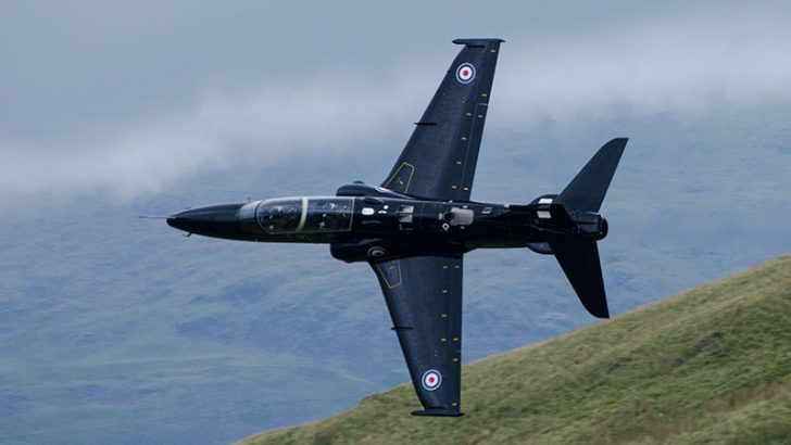 RAF Hawk T2 trainer doing low level flying training
