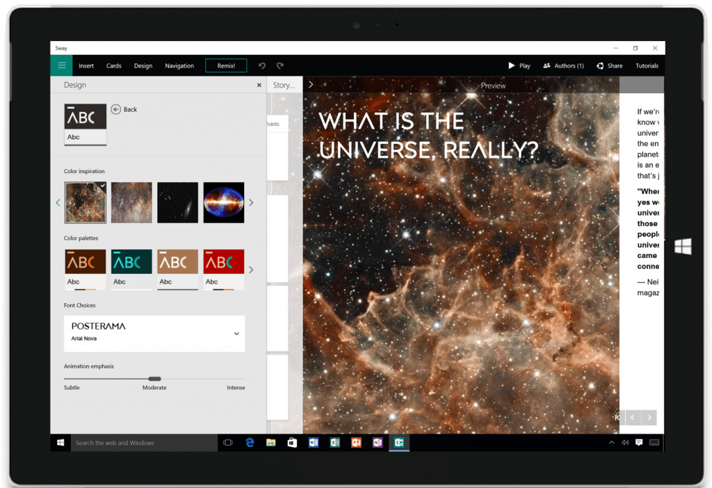 Microsoft Office 2016 Design tab from Sway (Source Microsoft)