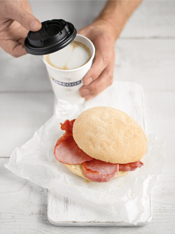 Bacon breakfast roll and coffee