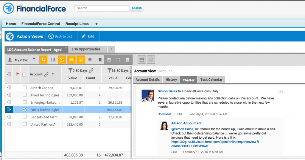 FinancialForce - User screen integrated with Chatter (Source FinancialForce)