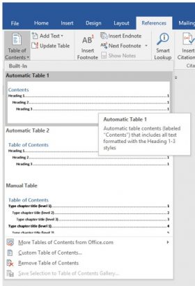 table of contents list